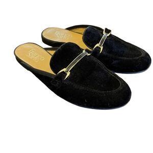 Franco Sarto Black Velvet Slipper Mule with Gold Embellishment Women's Size 6
